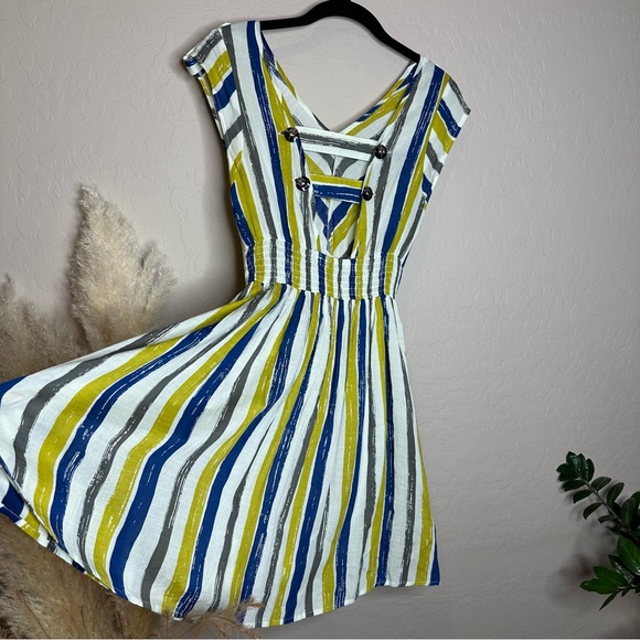 Striped Mini Skirt Dress, White Blue Green Gray Spring Summer Dress, size medium - Picture 10 of 15